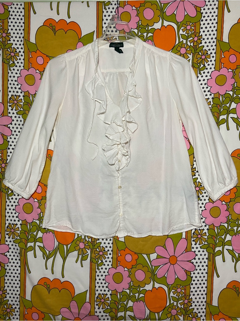 LRL Off-White Peasant Top Ruffle 3/4 Sleeves